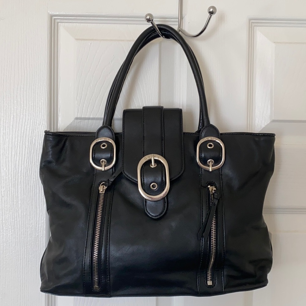 DKNY Black Leather Hand Bag w/ Silver Buckles